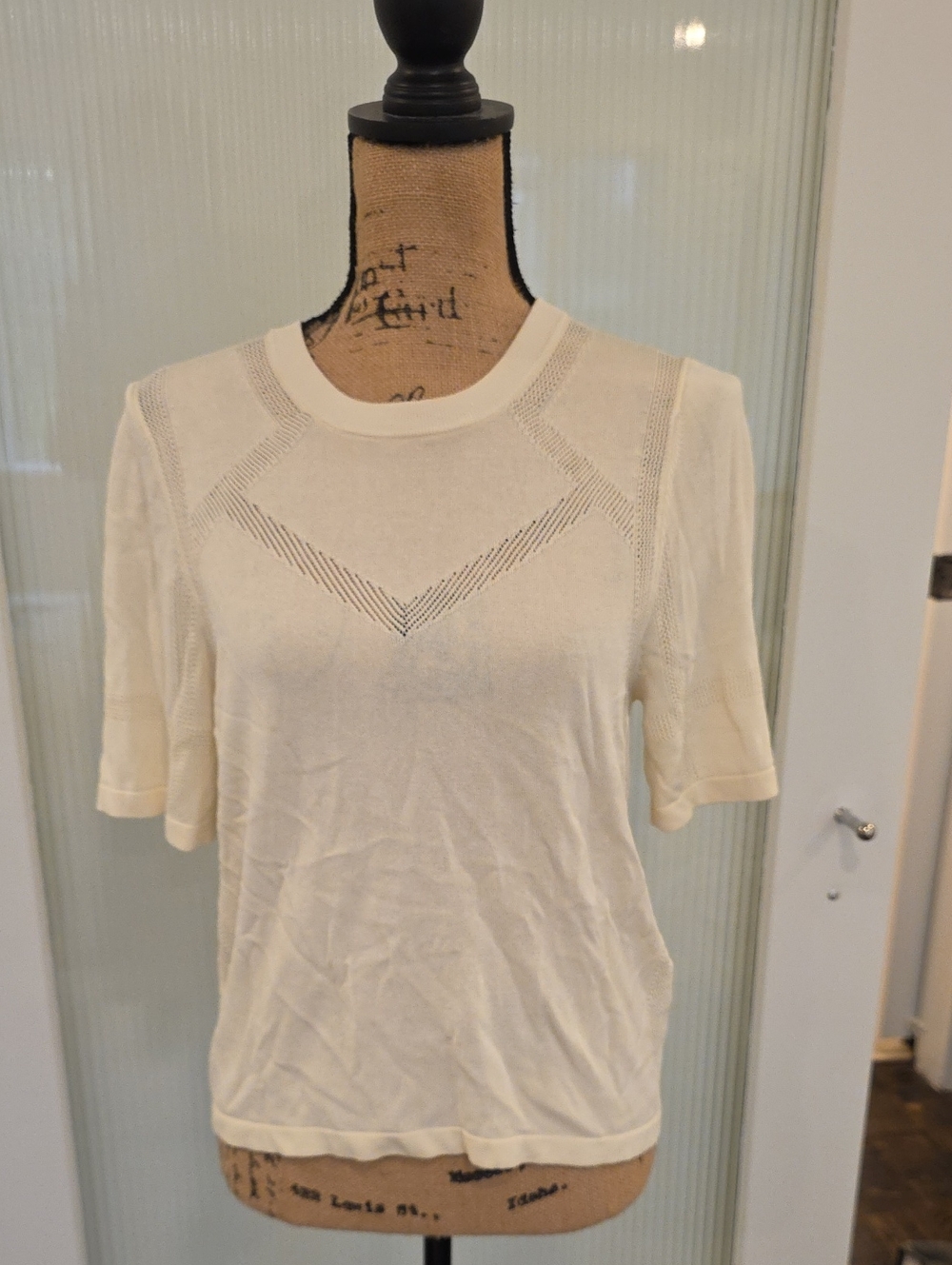 ba&sh Cream Short-Sleeve Knit Tee with Chevron Openwork Detail